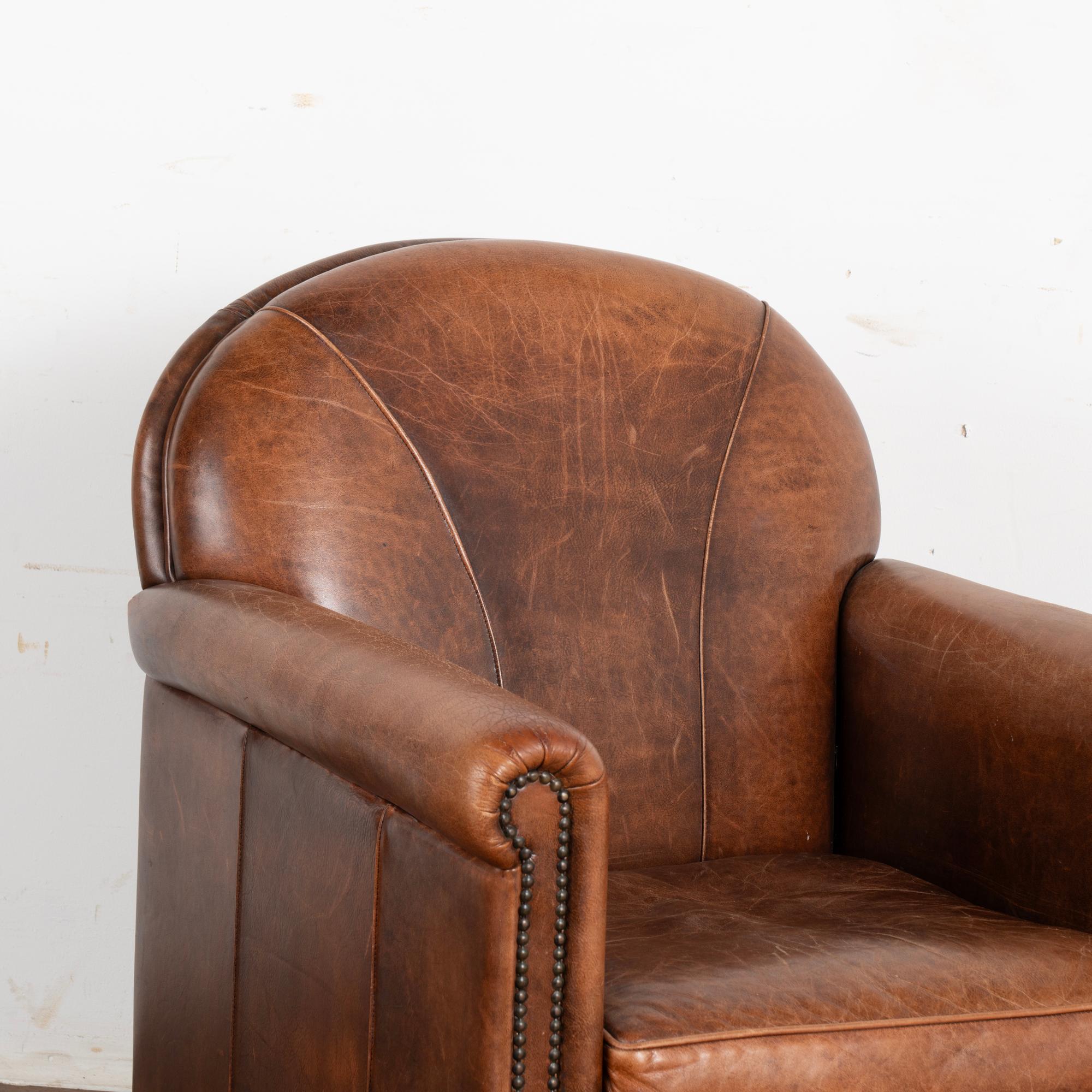 Vintage French Brown Leather Club Arm Chair, circa 1960 In Good Condition In Round Top, TX