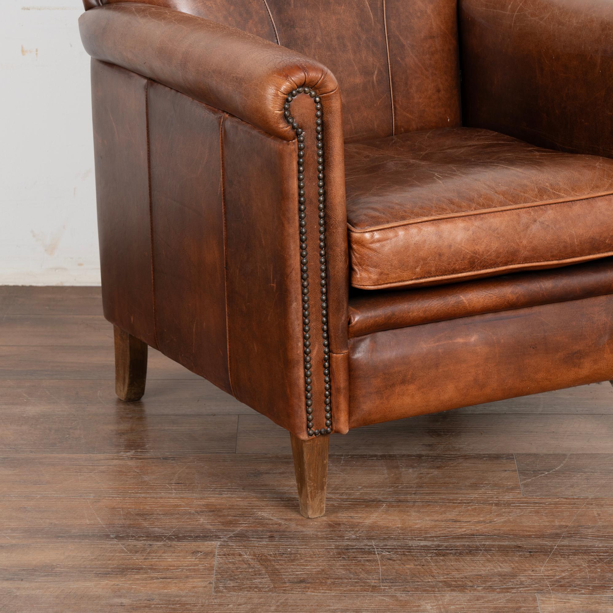 20th Century Vintage French Brown Leather Club Arm Chair, circa 1960