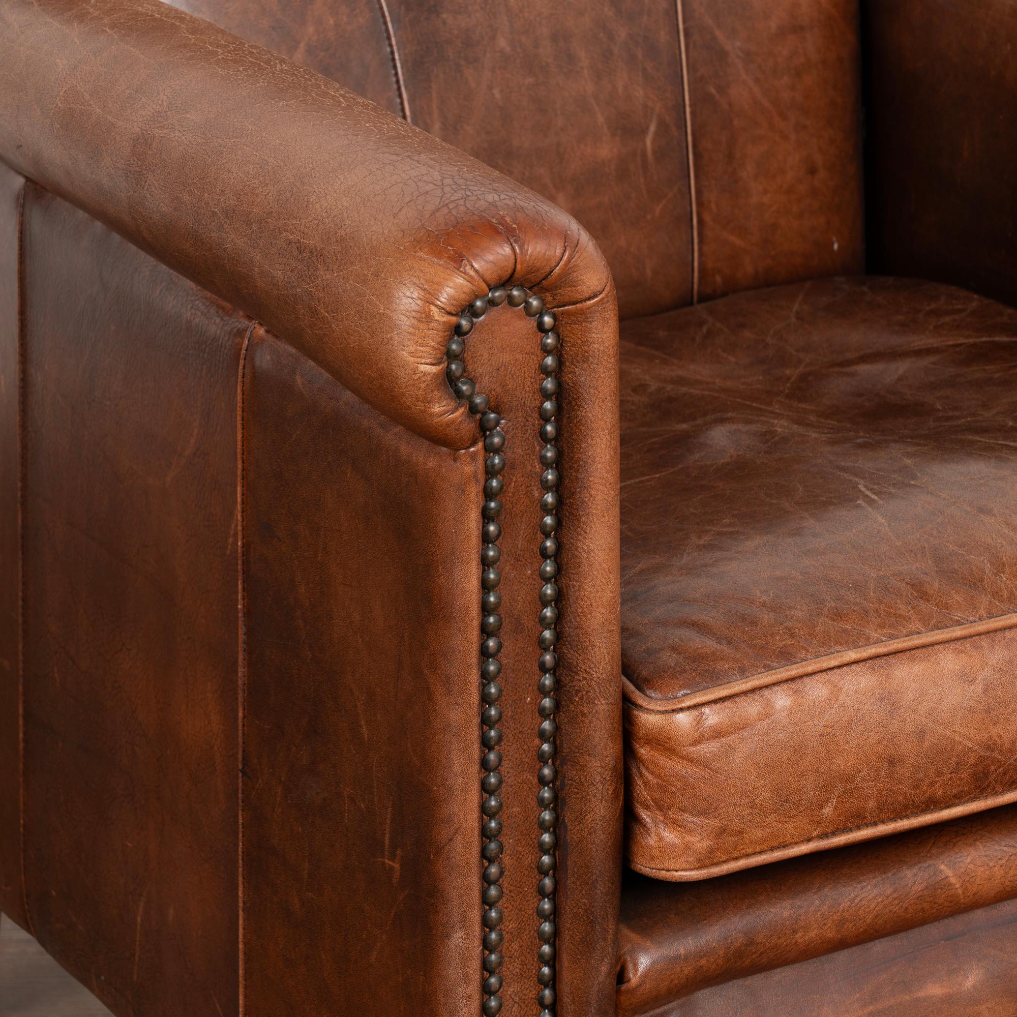 Vintage French Brown Leather Club Arm Chair, circa 1960 3