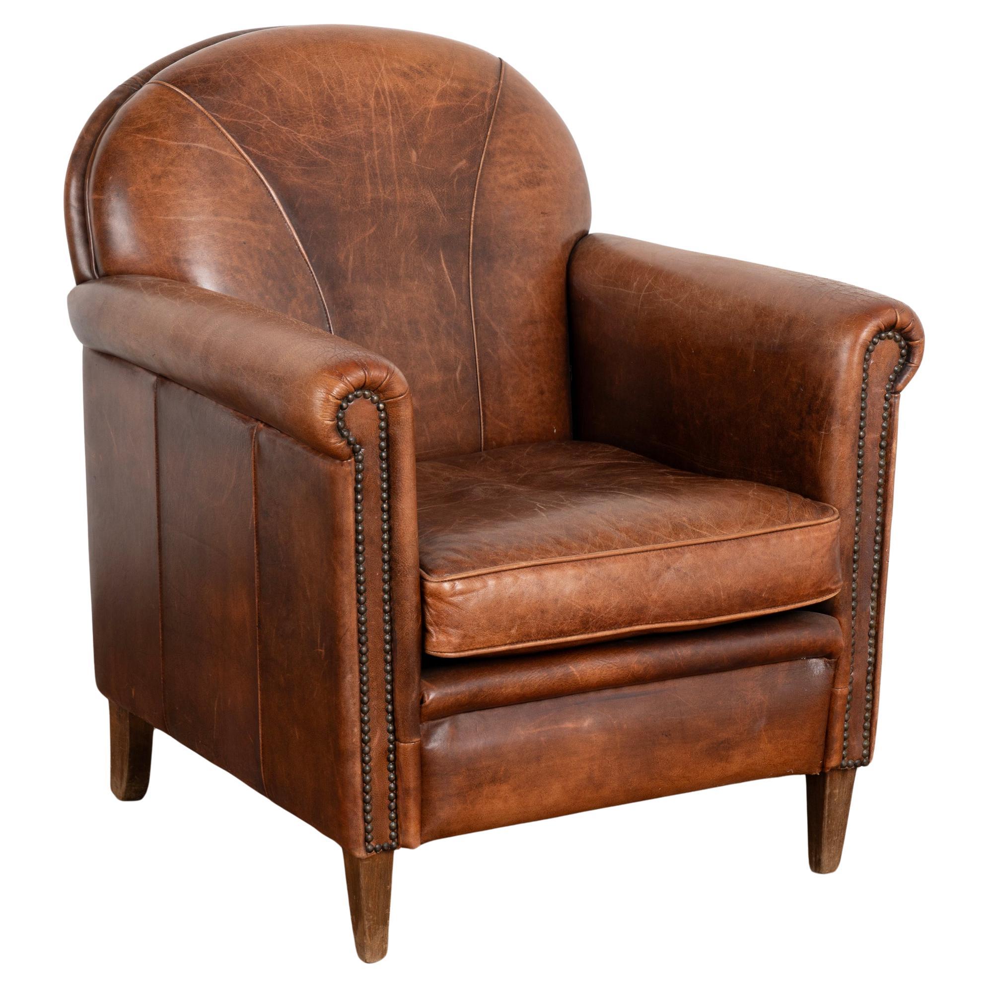 Vintage French Brown Leather Club Arm Chair, circa 1960