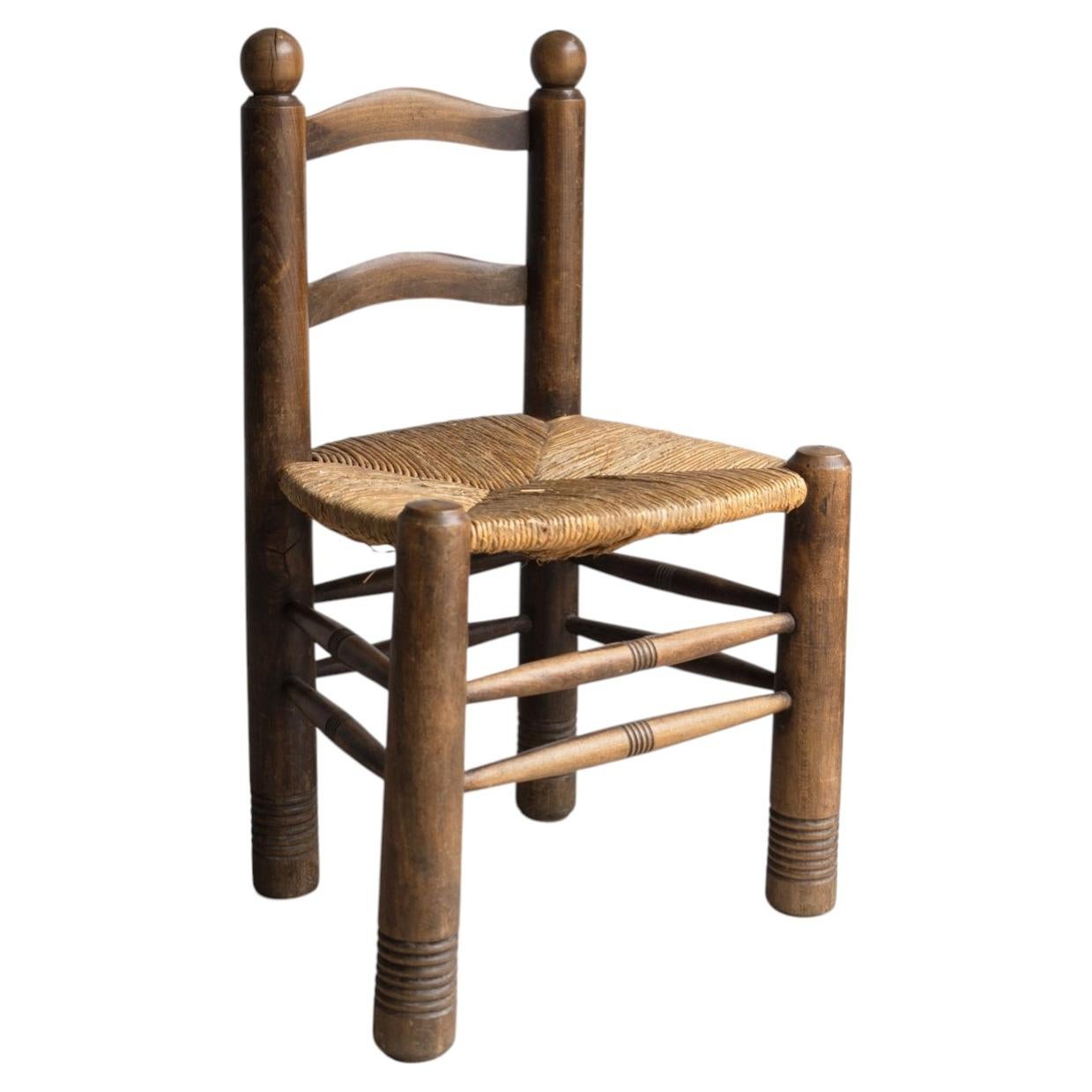Chaise Vintage Française Brutaliste en Chêne et Jonc par Charles Dudouyt, 1940s