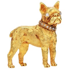 Retro French Bulldog Diamond 18 Karat Gold Textured Brooch Pin