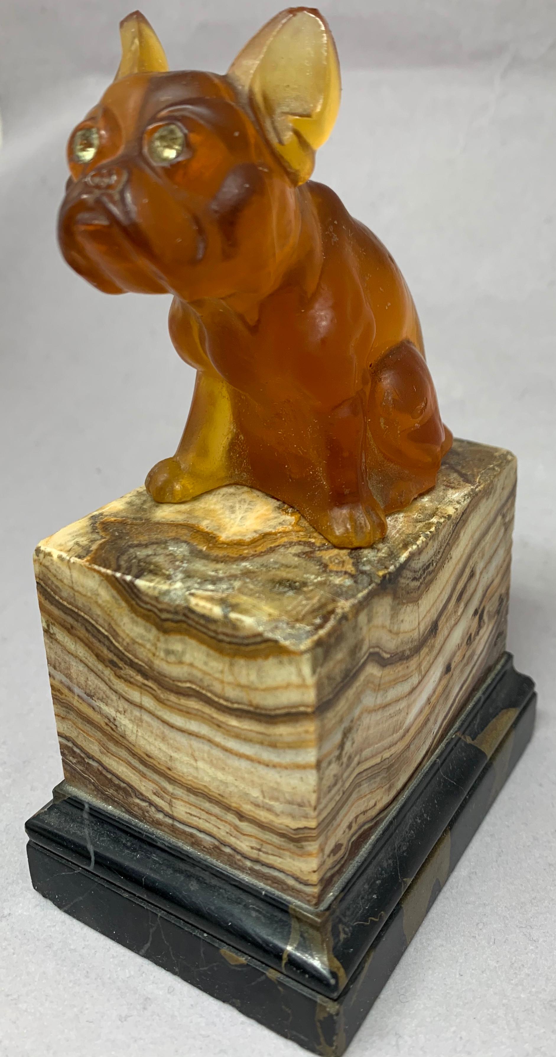 Vintage French bulldog on agate base. Carved crystal carnelian red French bulldog mounted on antique agate and marble base. Italy, circa 1940
Dimensions: 5.25” H x 3” D x 2.25” W base.
 