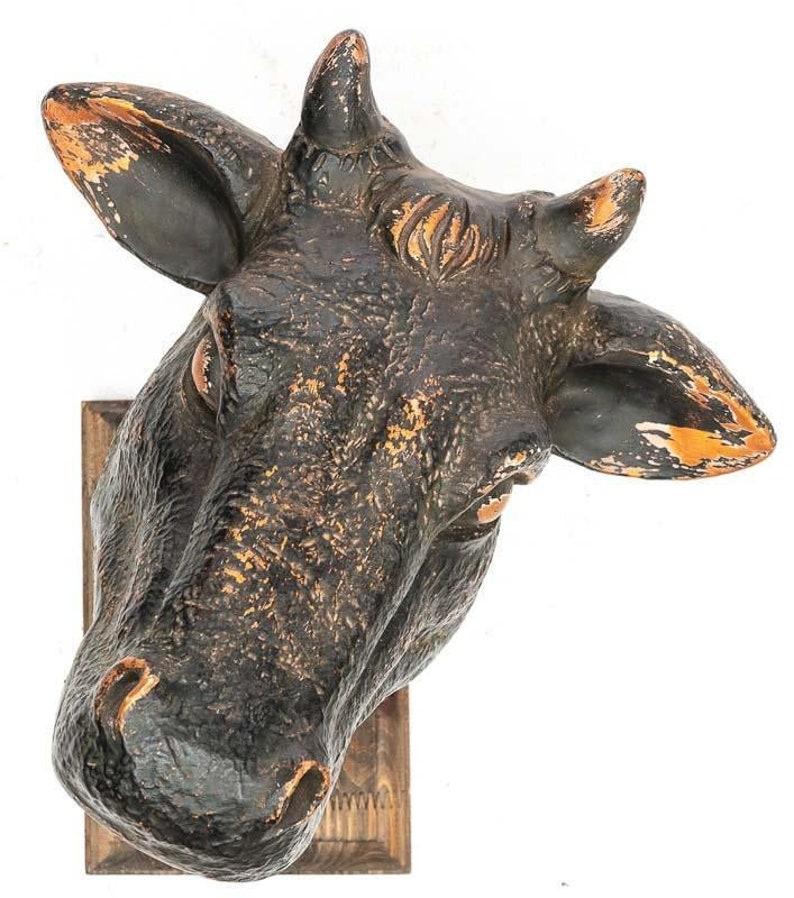 Hand-Carved Vintage French Butcher Cow Head Sculpture
