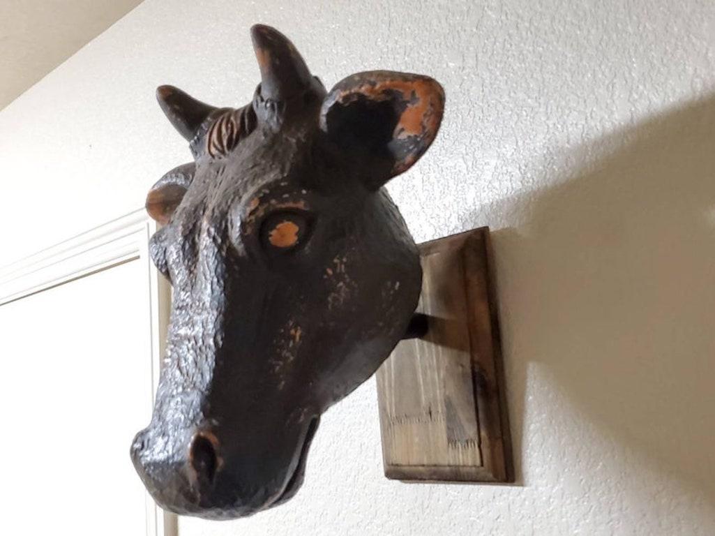 Plaster Vintage French Butcher Cow Head Sculpture