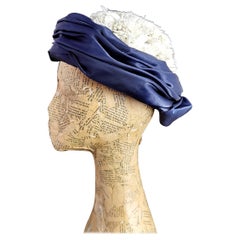 Vintage French c1950s pillbox hat, Cobalt blue satin