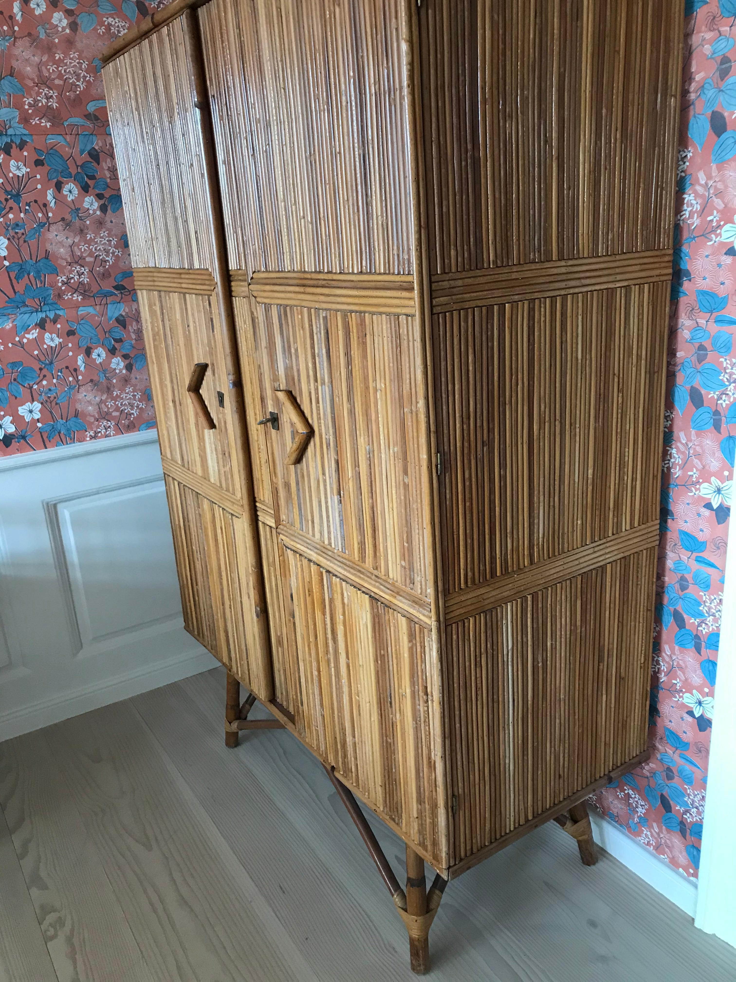 Mid-20th Century Vintage French Cabinet in Rattan with Shelves and Hangers, 1960s