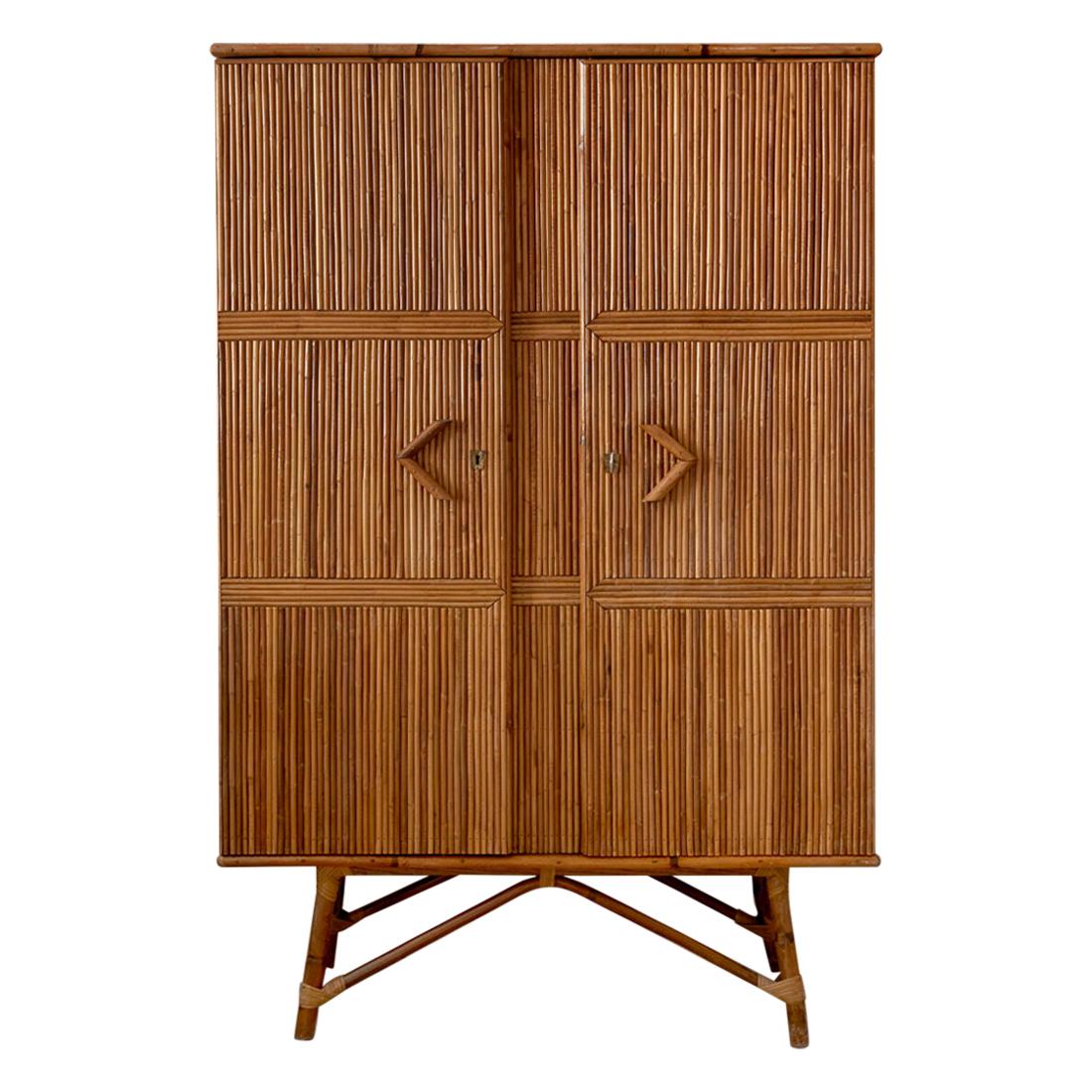 Vintage French Cabinet in Rattan with Shelves and Hangers, 1960s