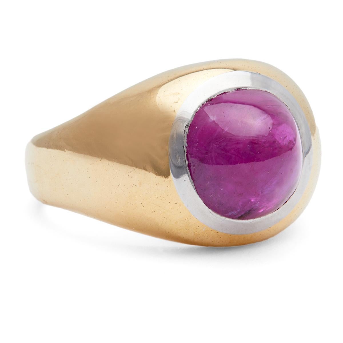 Vintage French Cabochon Ruby 18 Karat Platinum Gold Bezel Set Ring 1
