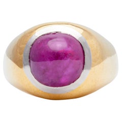 Vintage French Cabochon Ruby 18 Karat Platinum Gold Bezel Set Ring