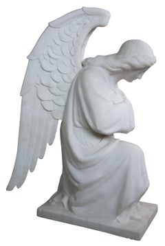 Vintage French Carrara Marble Winged Archangel Angel Sculpture Statue Figure