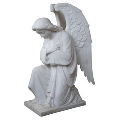 Antique French Carrara Marble Winged Archangel Angel Sculpture Statue Figure