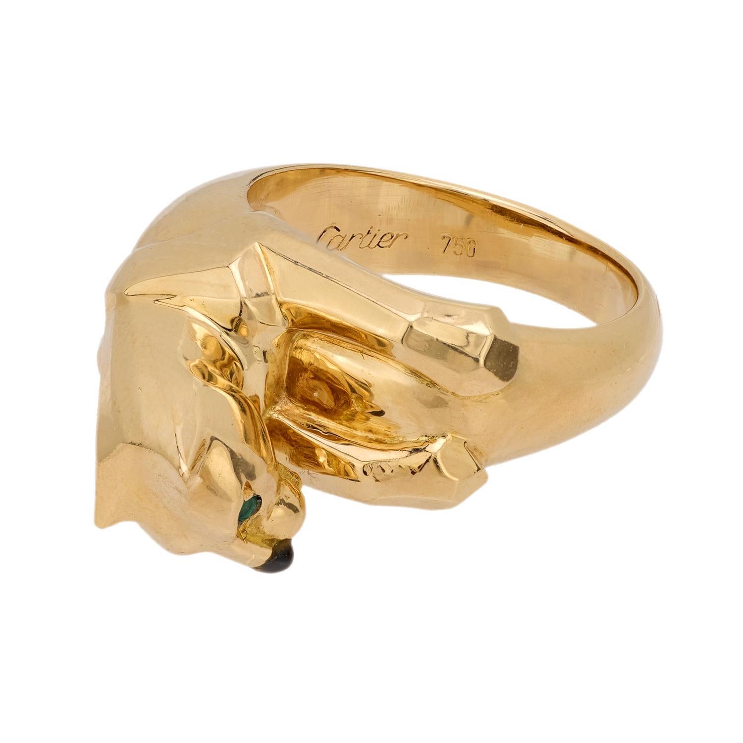 Modern Vintage French Cartier emerald onyx 18k yellow gold panther ring