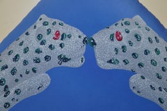 Vintage French Cartier Panther Bracelet Silk Scarf Sapphire Blue Linen Pillow