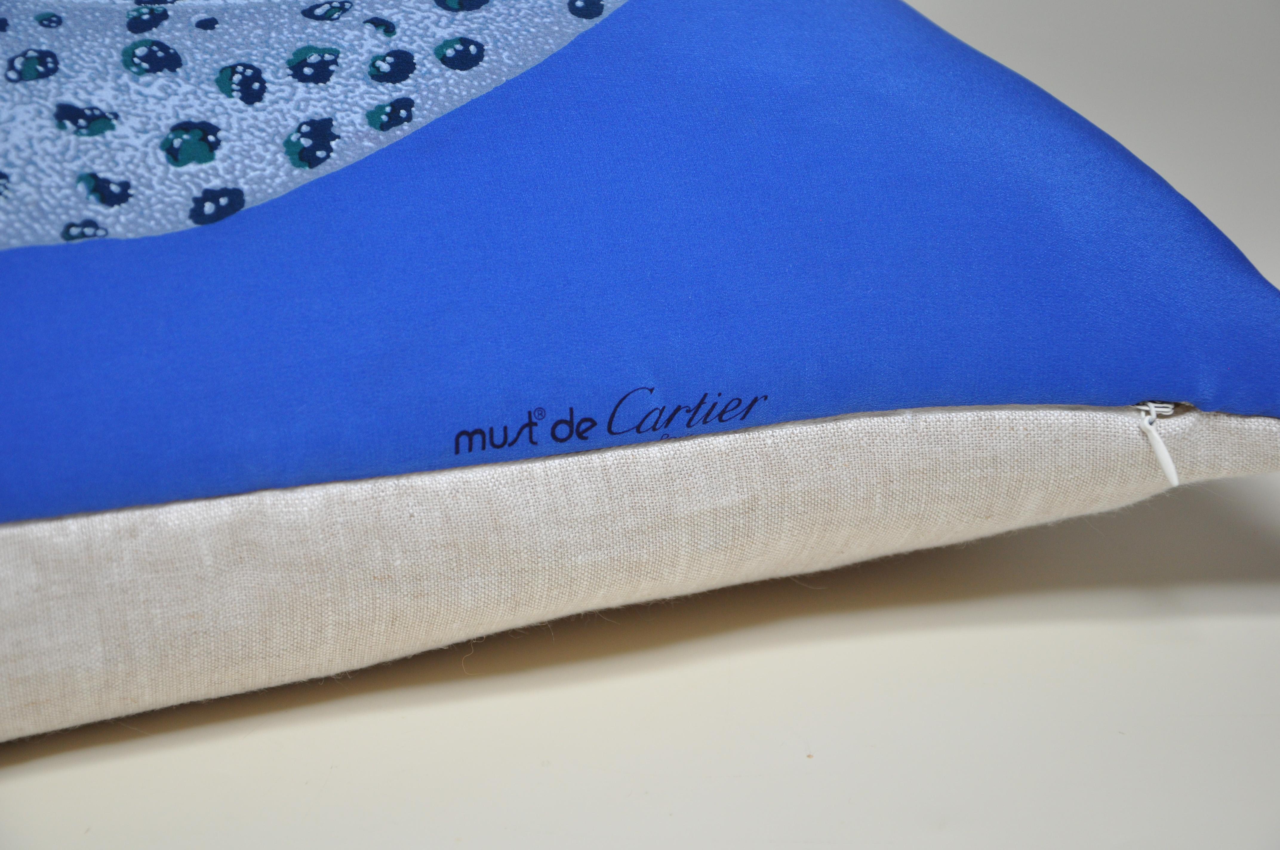 Art Deco Vintage French Cartier Panther Bracelet Silk Scarf Sapphire Blue Linen Pillow For Sale