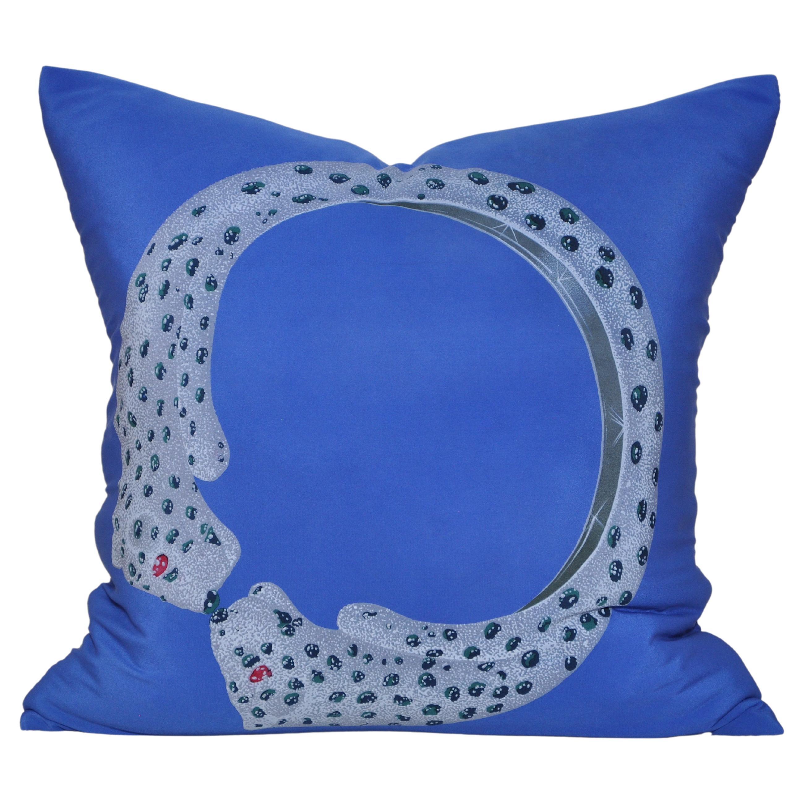 Vintage French Cartier Panther Bracelet Silk Scarf Sapphire Blue Linen Pillow For Sale