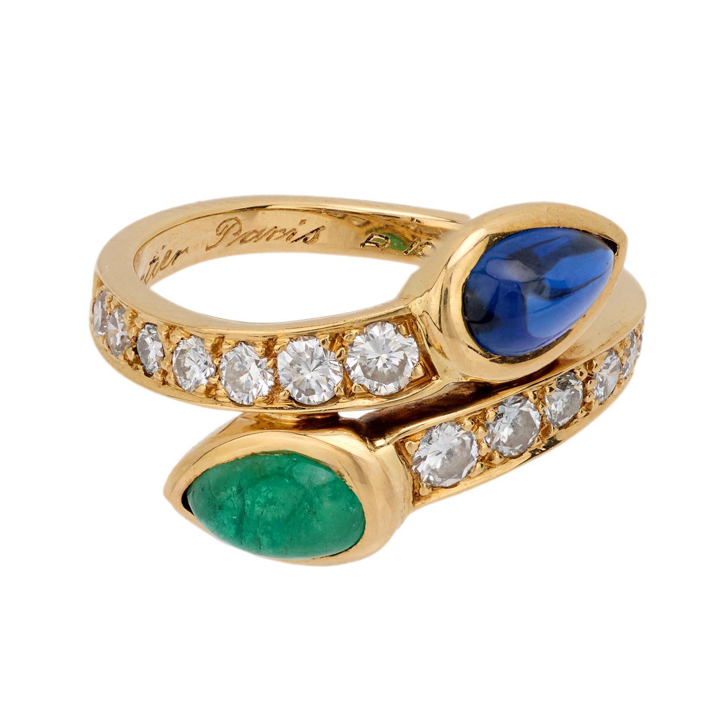 Anillo vintage francés Cartier zafiro esmeralda diamante oro amarillo 18k toi et moi Moderno
