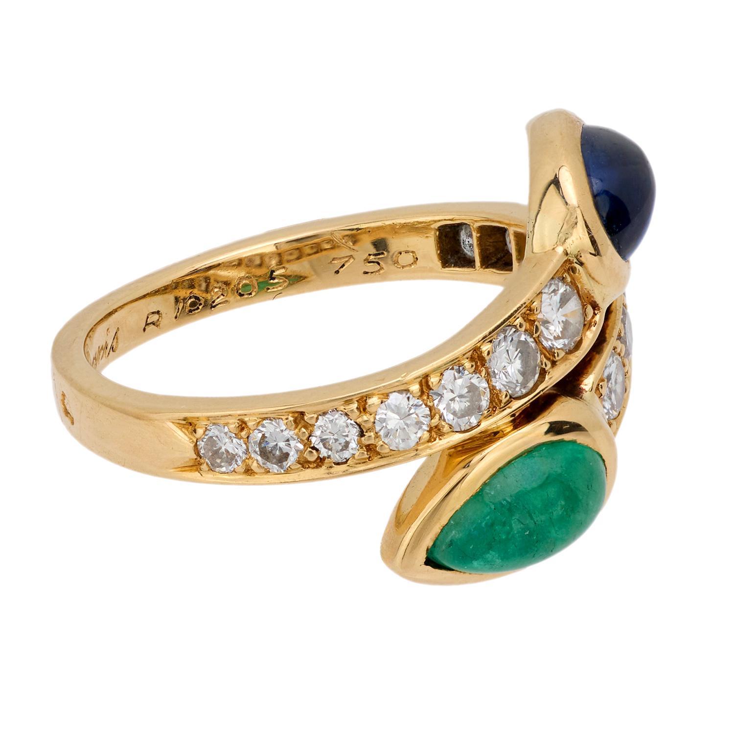 Anillo vintage francés Cartier zafiro esmeralda diamante oro amarillo 18k toi et moi en Bueno Estado en Beverly Hills, CA