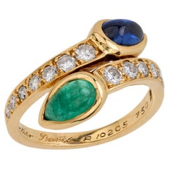 Anillo vintage francés Cartier zafiro esmeralda diamante oro amarillo 18k toi et moi