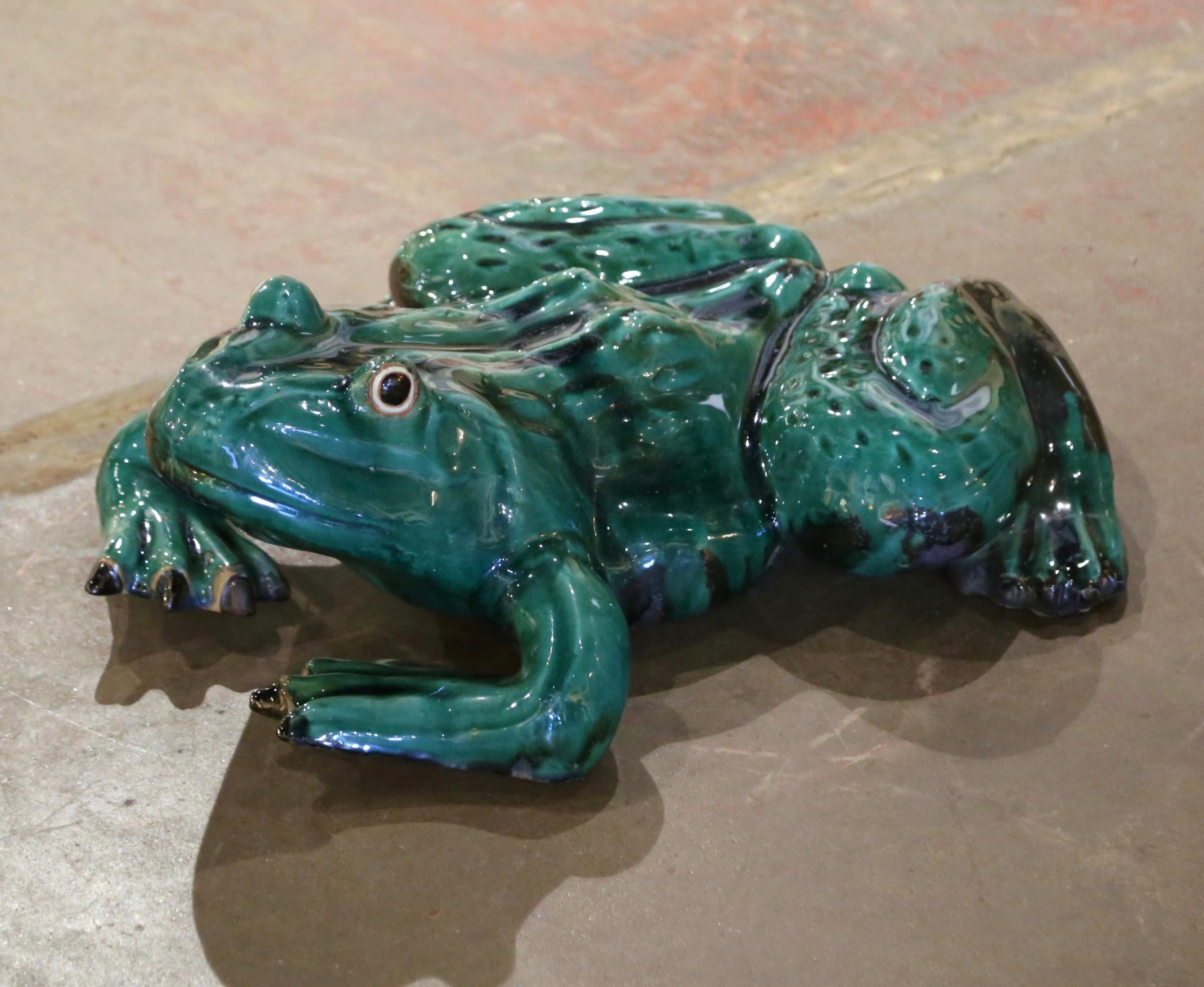 Contemporary Vintage French Carved and Painted Terracotta Frog Sculpture For Sale