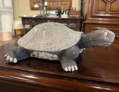 Vintage French Carved Ceramic Two-Tone Crackled Turtle Sculpture Raku Method