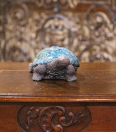 Vintage French Carved Ceramic Two-Tone Crackled Turtle Sculpture Raku Method