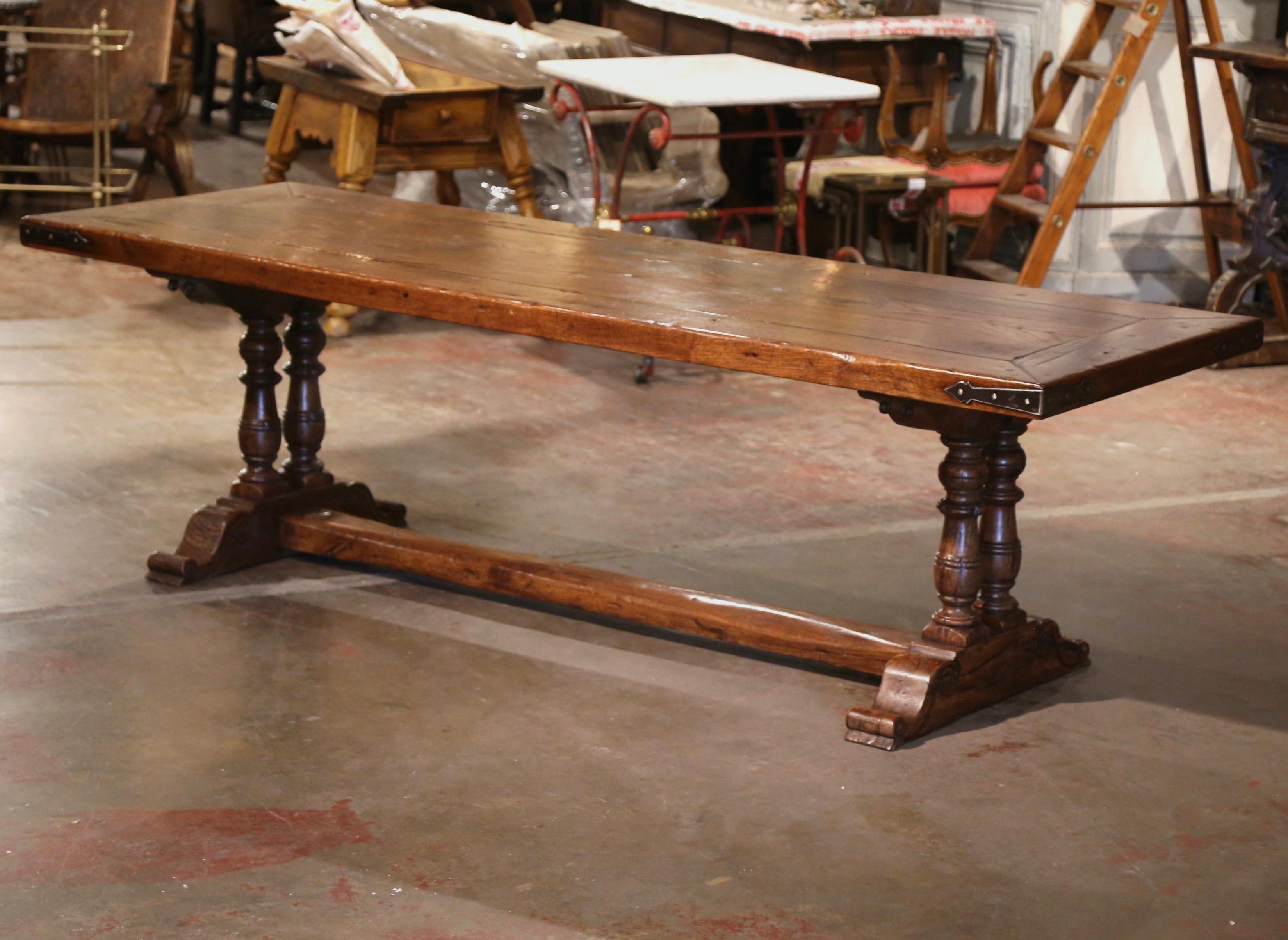 20th Century Vintage French Carved Chestnut & Oak Trestle Dining Table from the Pyrenees For Sale