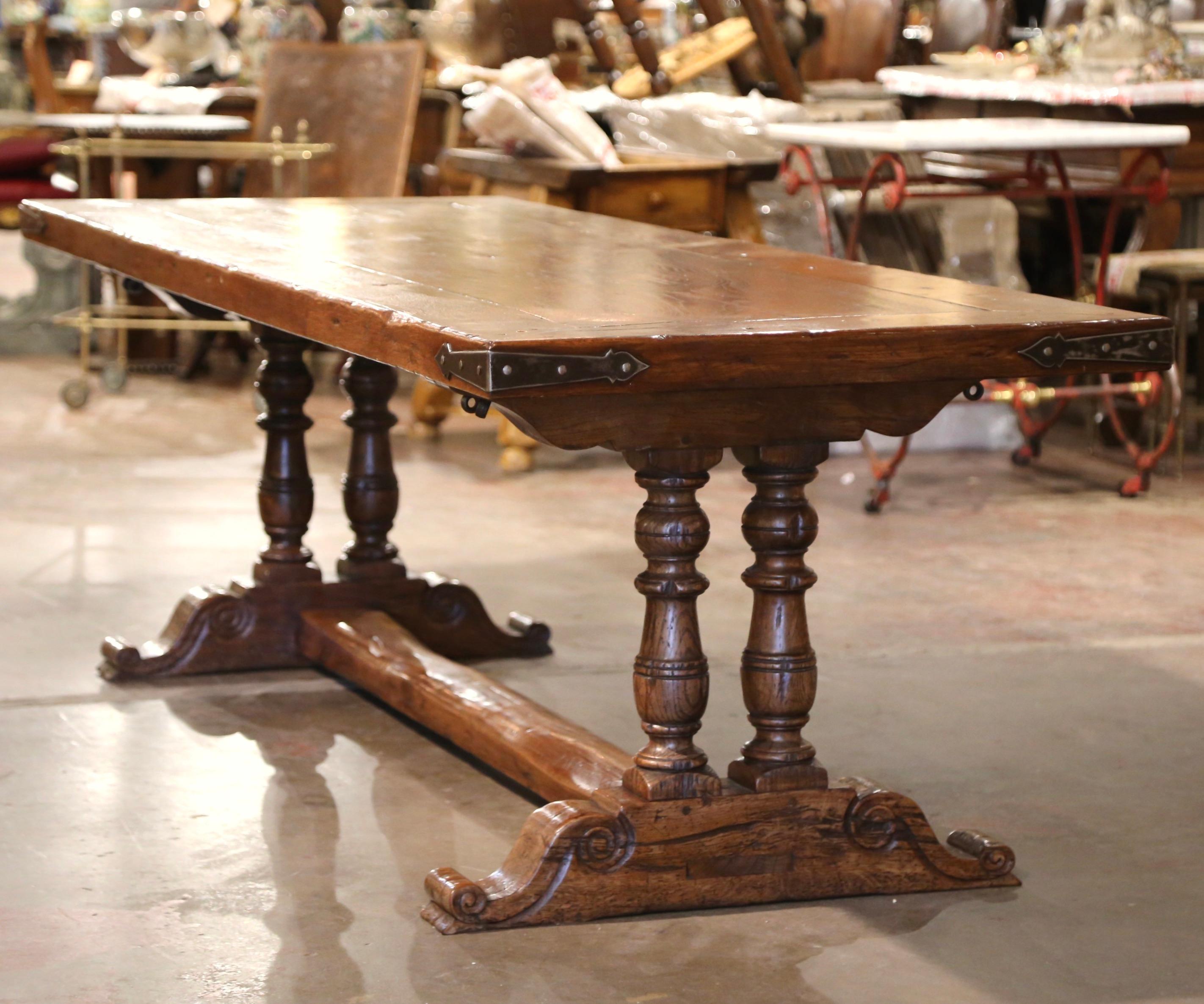 Vintage French Carved Chestnut & Oak Monastery Dining Table from the Pyrenees For Sale 1