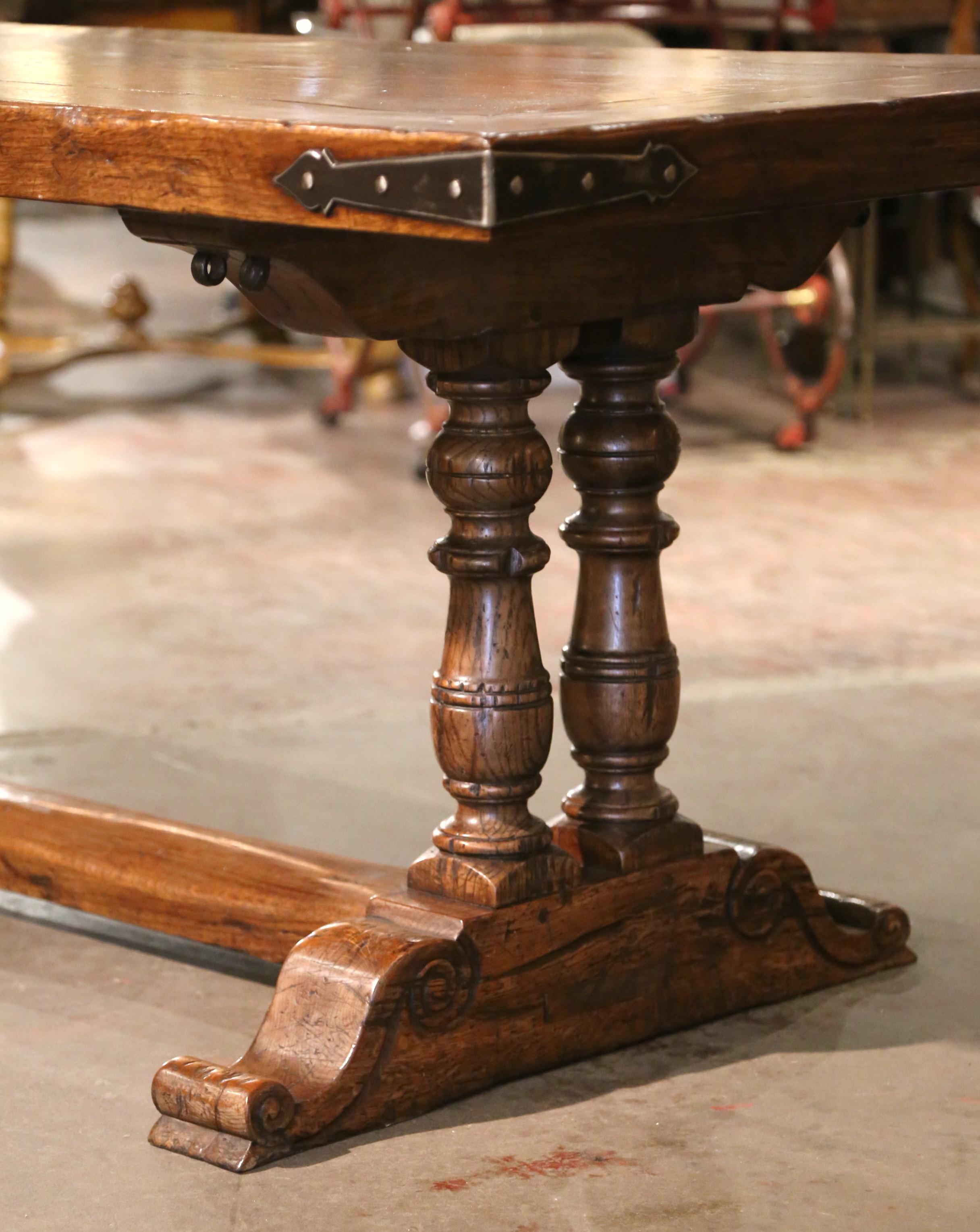Vintage French Carved Chestnut & Oak Trestle Dining Table from the Pyrenees For Sale 2