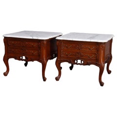 Vintage French Carved Mahogany and Marble 2-Drawer End Stands, 20th Century