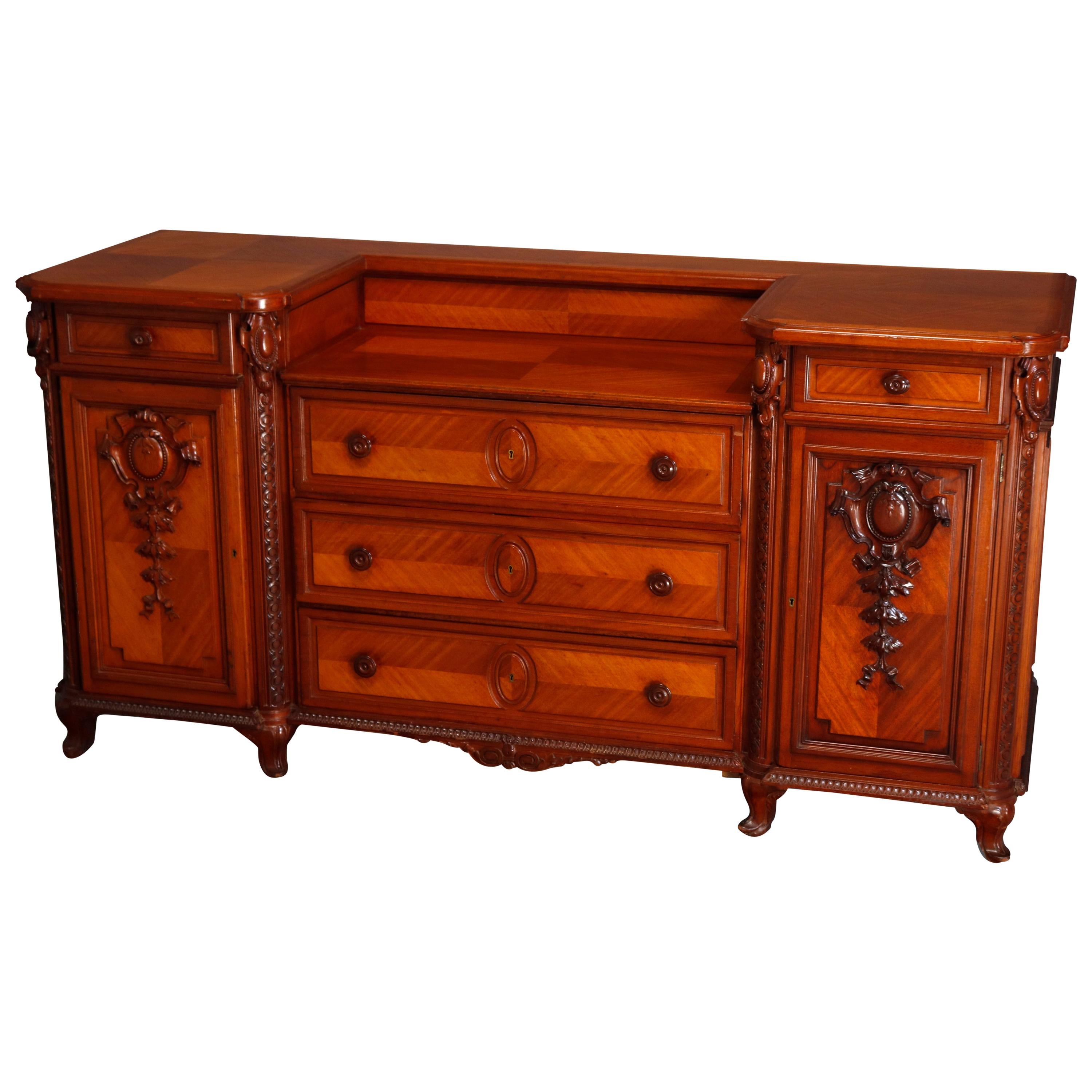 Vintage French Carved Mahogany & Satinwood Inlaid Drop Center Sideboard