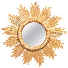 Vintage French Carved Midcentury Giltwood Sunburst Mirror with Cloudy Frame