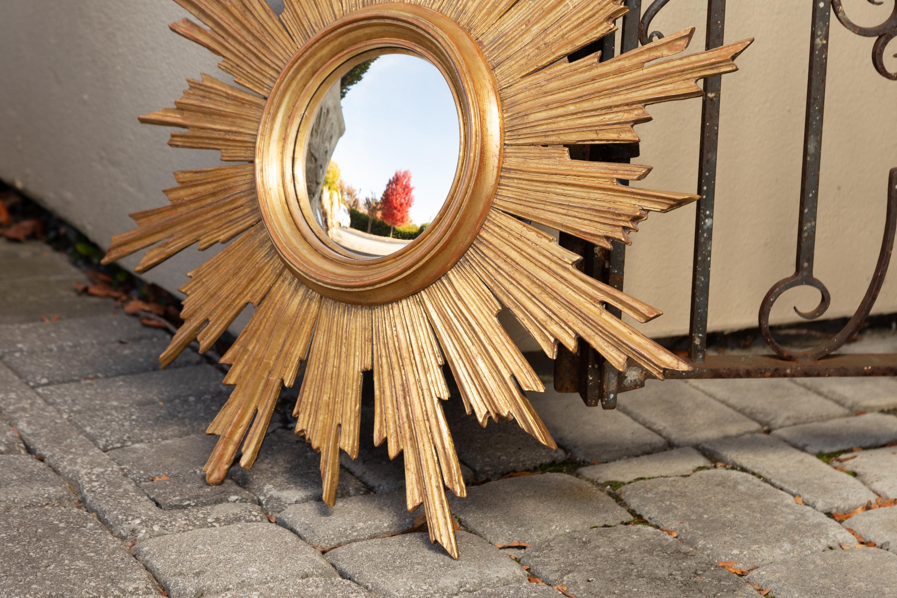 Vintage French Carved Midcentury Giltwood Sunburst with Convex Mirror 5