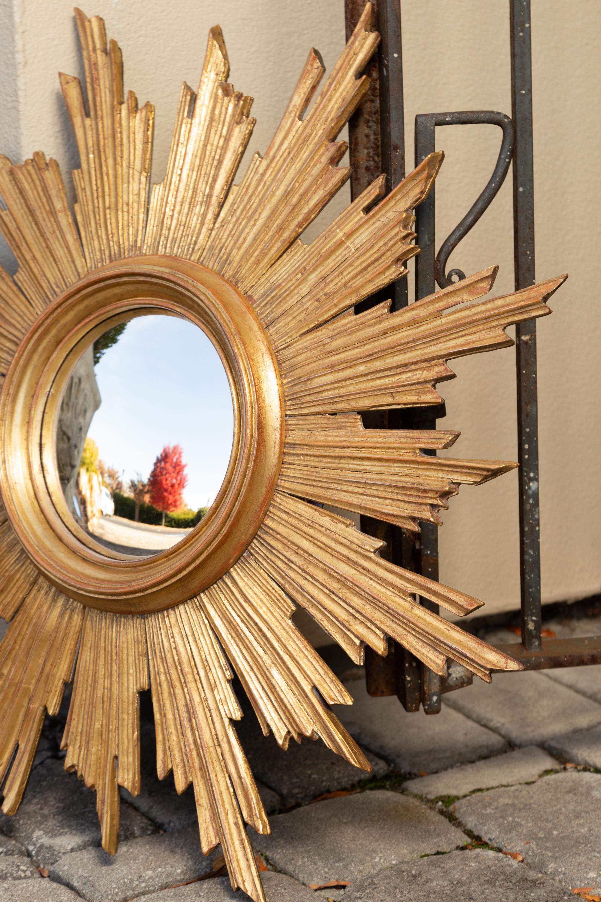 Vintage French Carved Midcentury Giltwood Sunburst with Convex Mirror 6