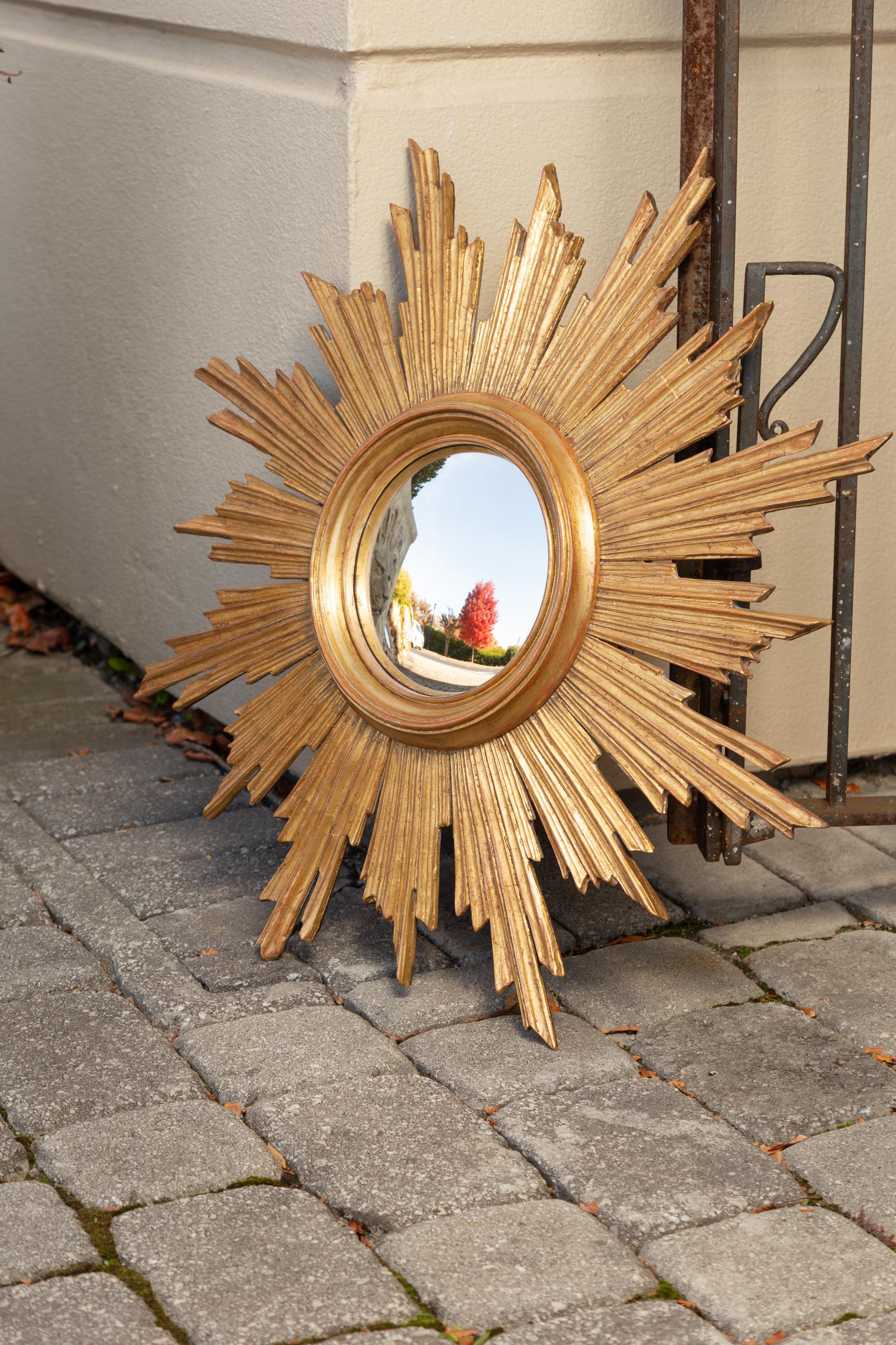 Vintage French Carved Midcentury Giltwood Sunburst with Convex Mirror 7