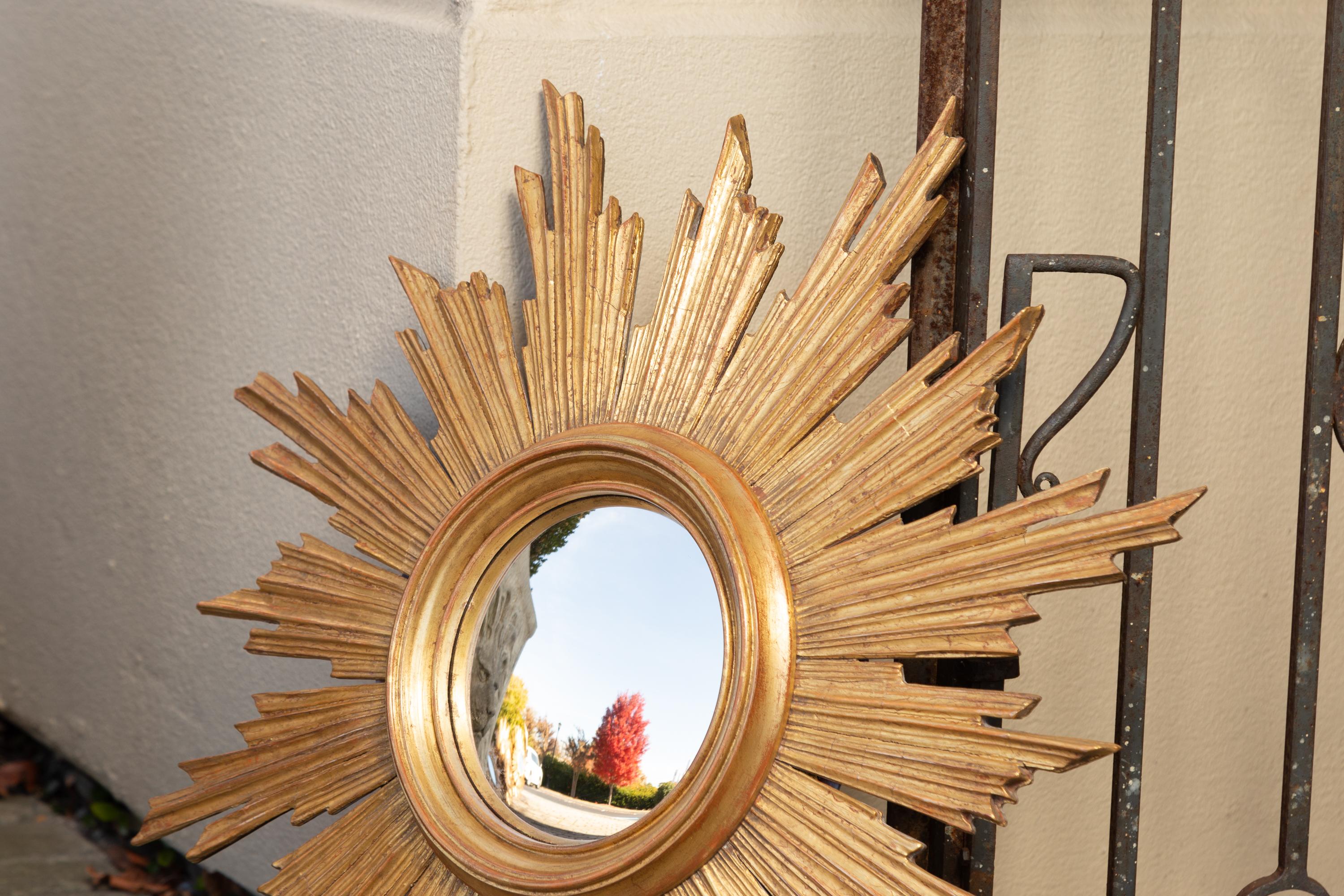 Mid-Century Modern Vintage French Carved Midcentury Giltwood Sunburst with Convex Mirror
