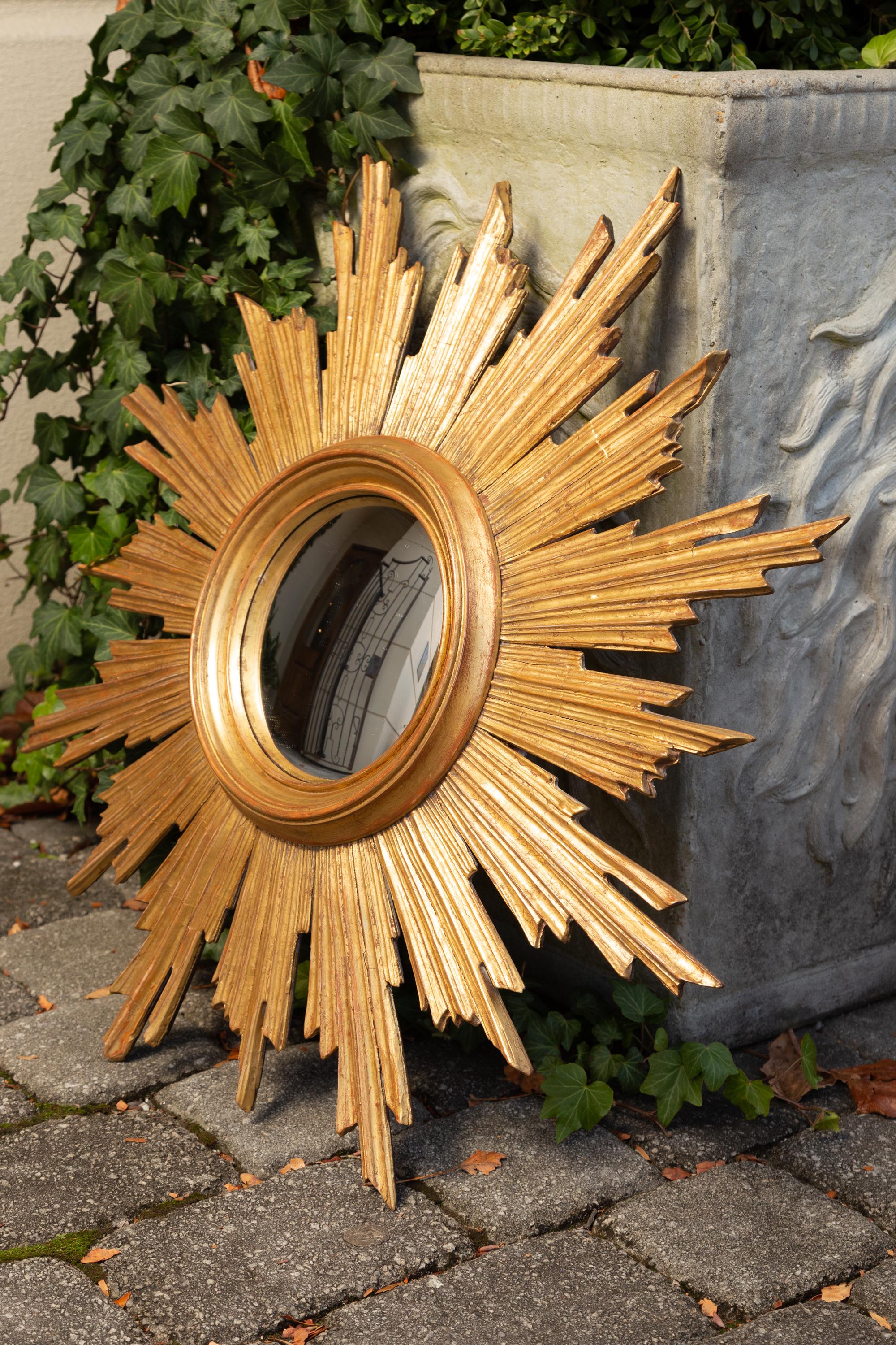 Vintage French Carved Midcentury Giltwood Sunburst with Convex Mirror 1