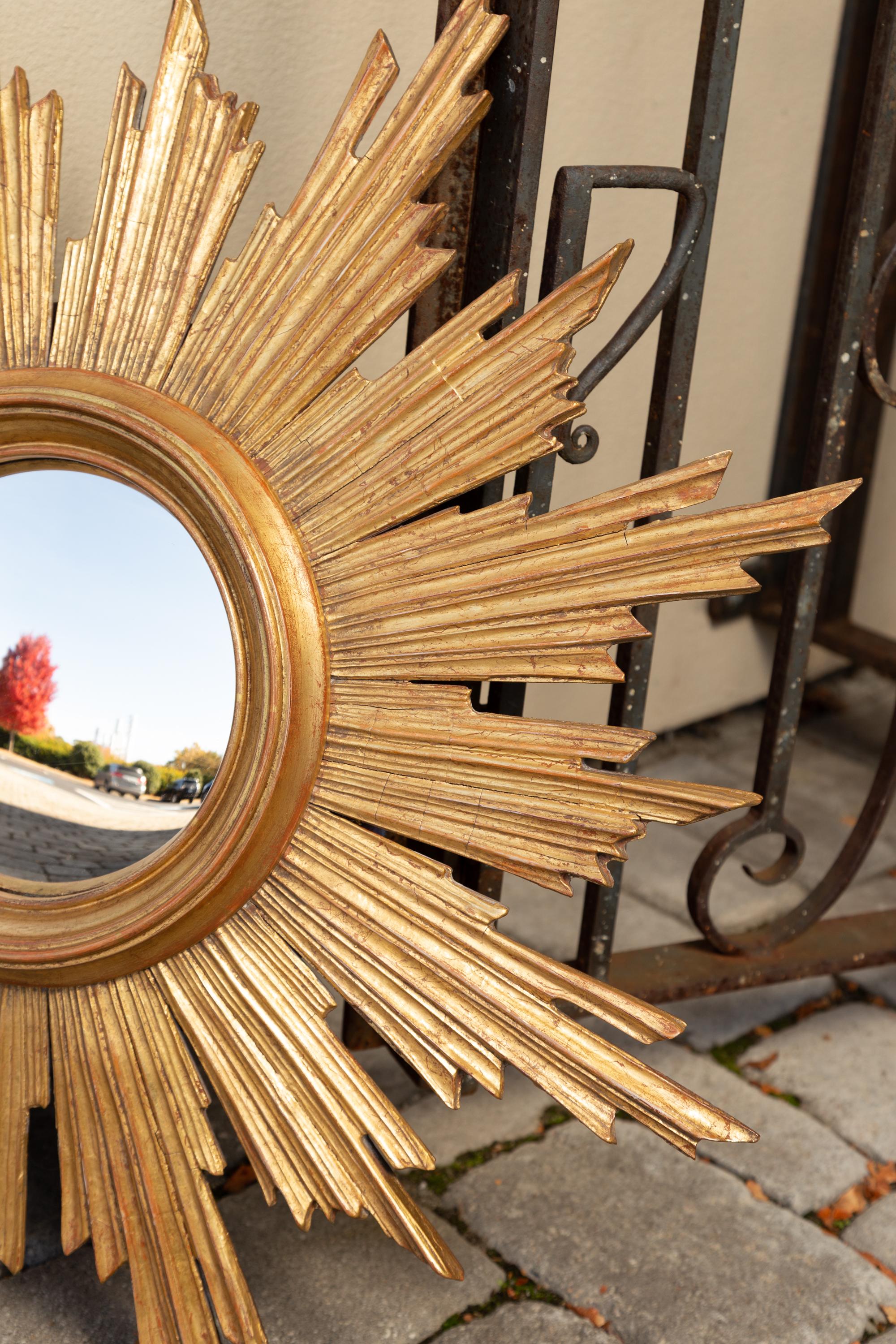 Vintage French Carved Midcentury Giltwood Sunburst with Convex Mirror 2