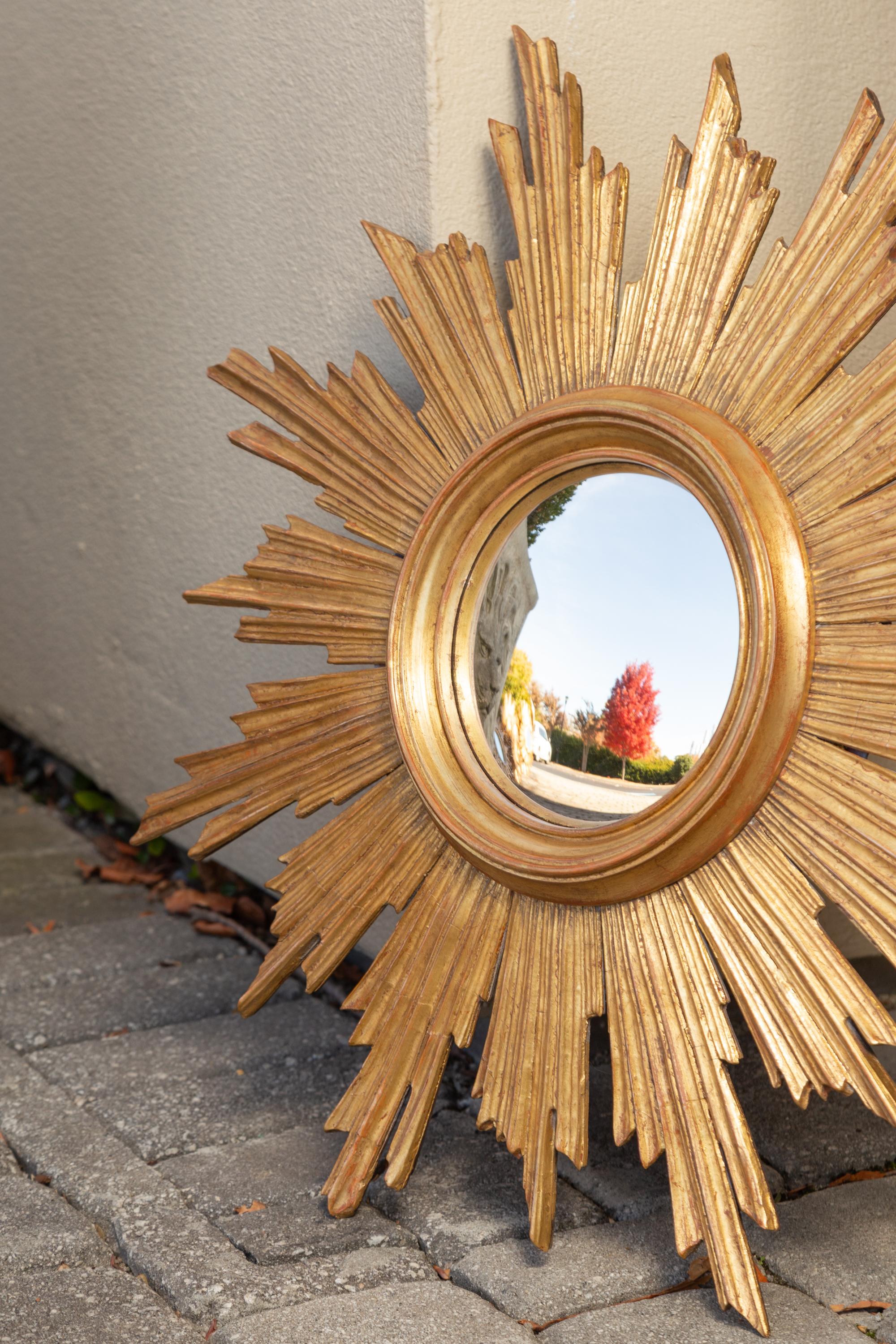 Vintage French Carved Midcentury Giltwood Sunburst with Convex Mirror 3