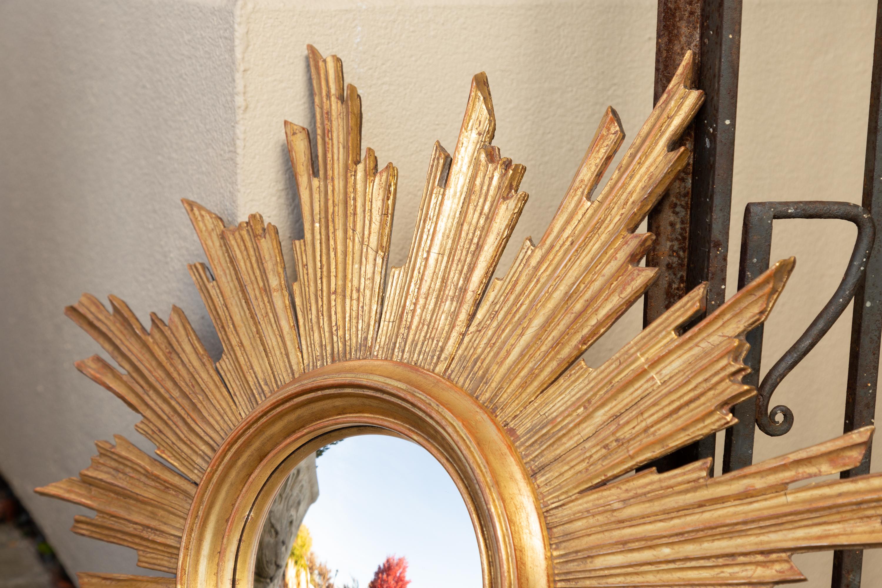 Vintage French Carved Midcentury Giltwood Sunburst with Convex Mirror 4