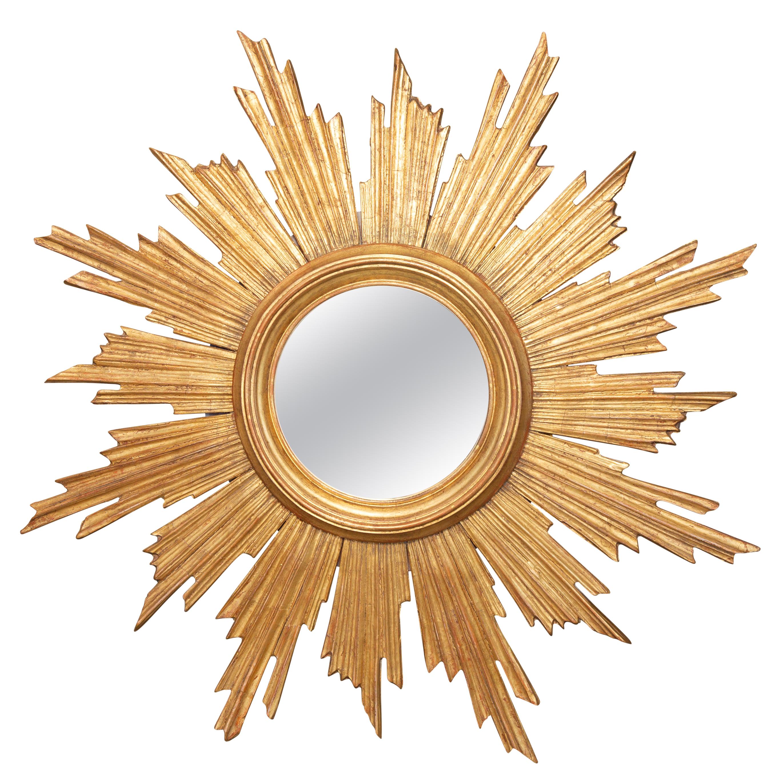 Vintage French Carved Midcentury Giltwood Sunburst with Convex Mirror