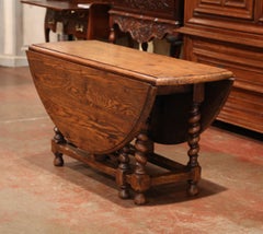 Vintage French Carved Oak Barley Twist Gate Leg Drop Leaf Round Table