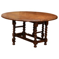 Vintage French Carved Oak Barley Twist Gate Leg Drop Leaf Round Table