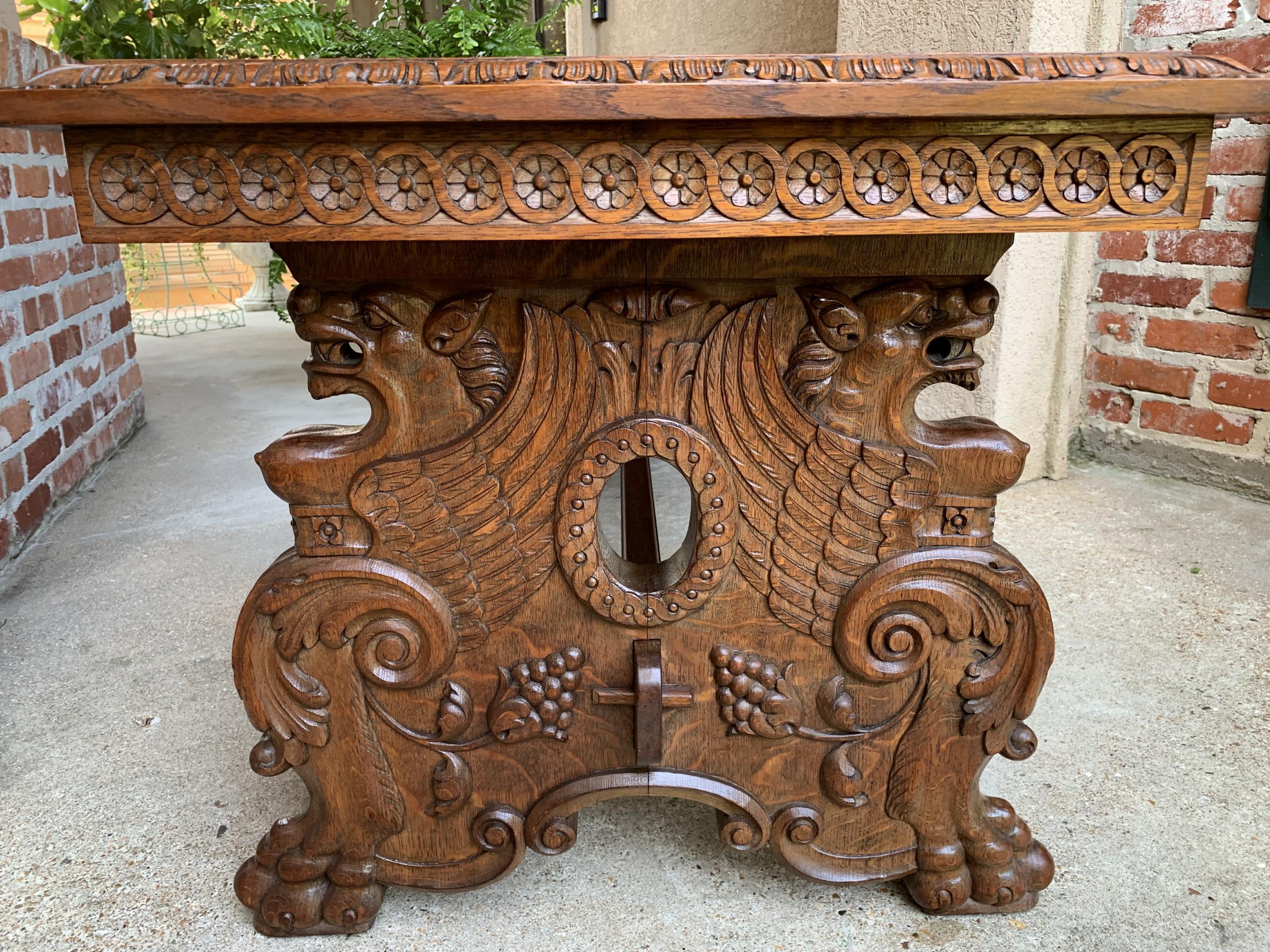 Vintage French Carved Oak Coffee Cocktail Table Renaissance Griffin Mid Century 12