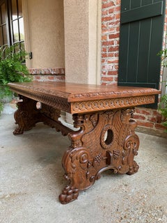 Vintage French Carved Oak Coffee Cocktail Table Renaissance Griffin Mid Century