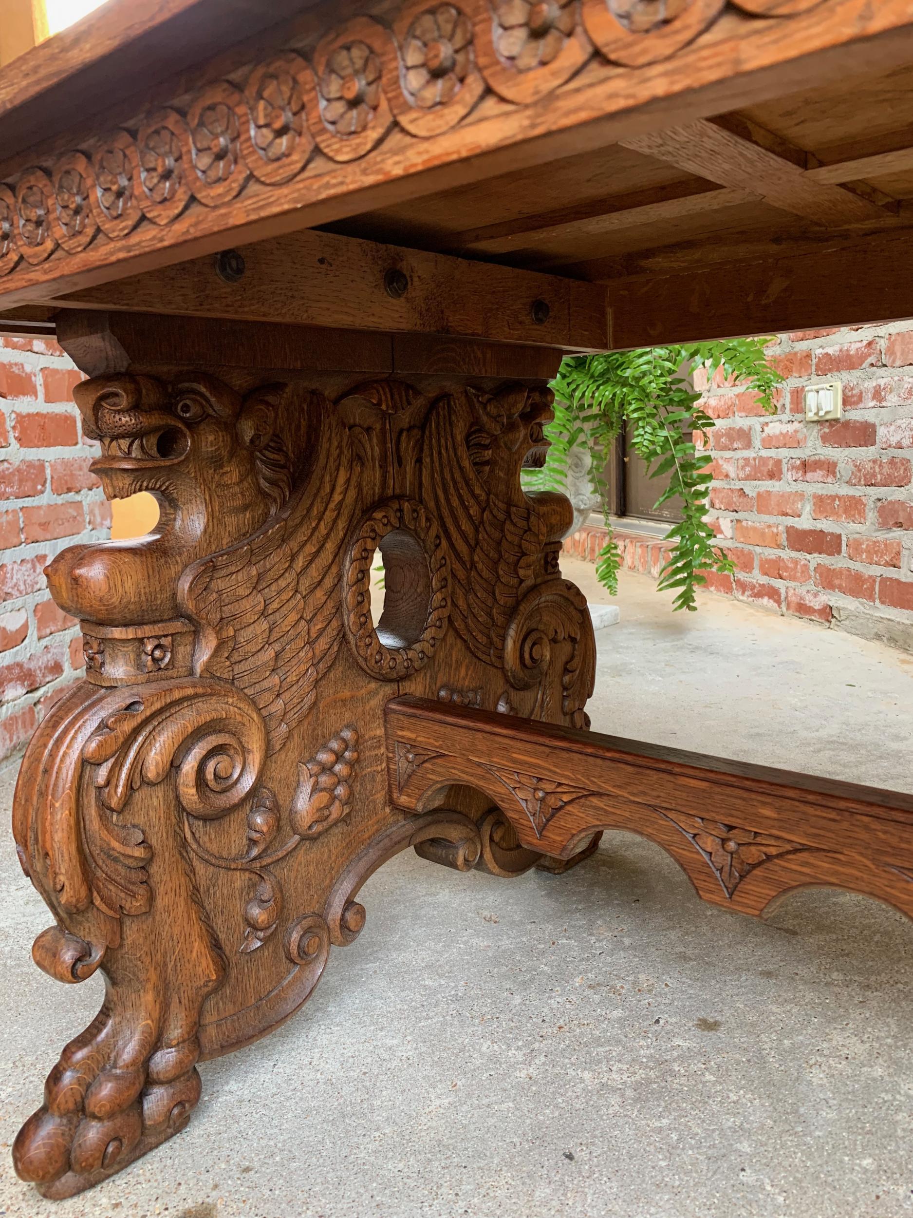 Vintage French Carved Oak Coffee Cocktail Table Renaissance Griffin Mid Century 16