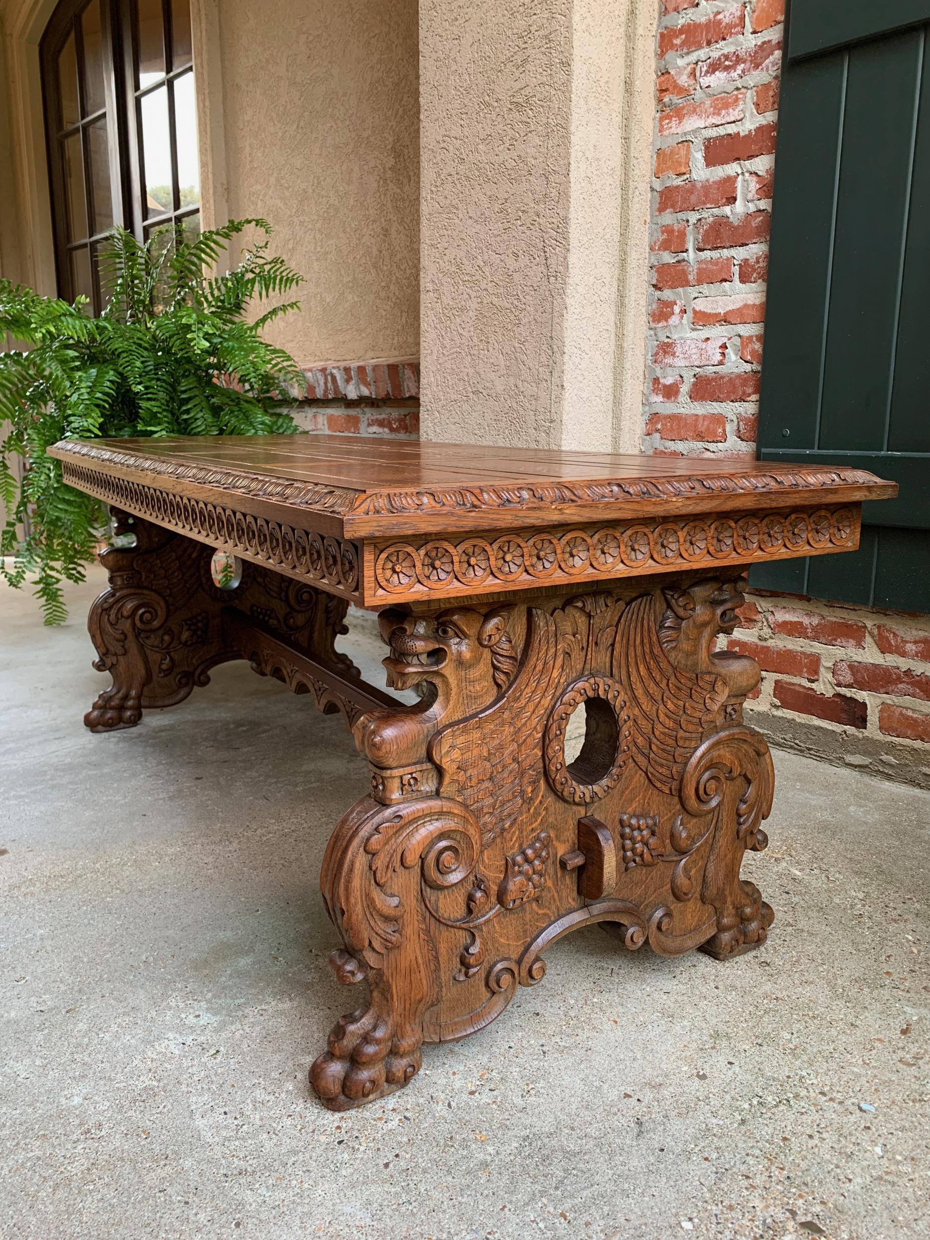 Vintage French Carved Oak Coffee Cocktail Table Renaissance Griffin Mid Century In Good Condition In Shreveport, LA