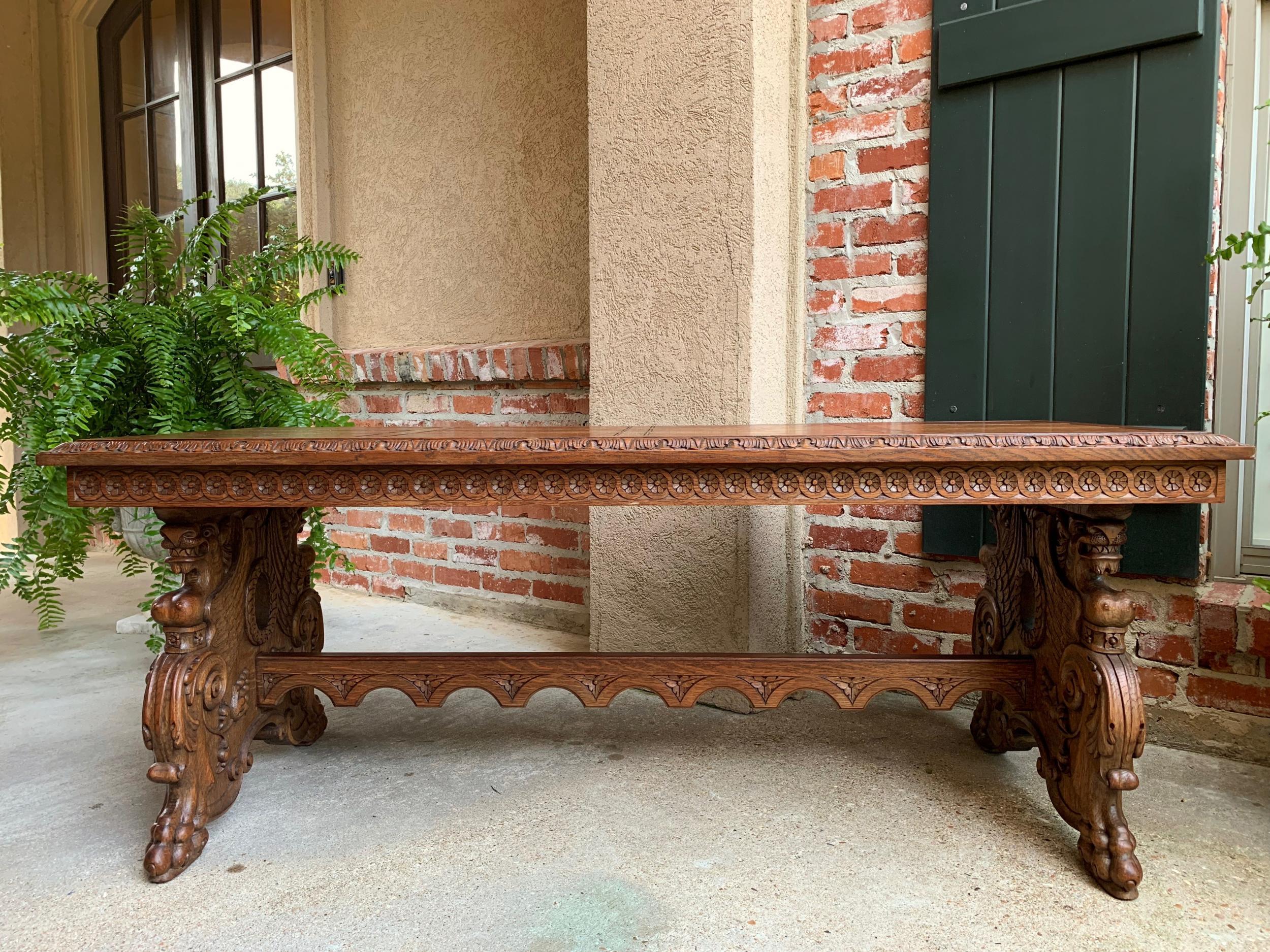 20th Century Vintage French Carved Oak Coffee Cocktail Table Renaissance Griffin Mid Century