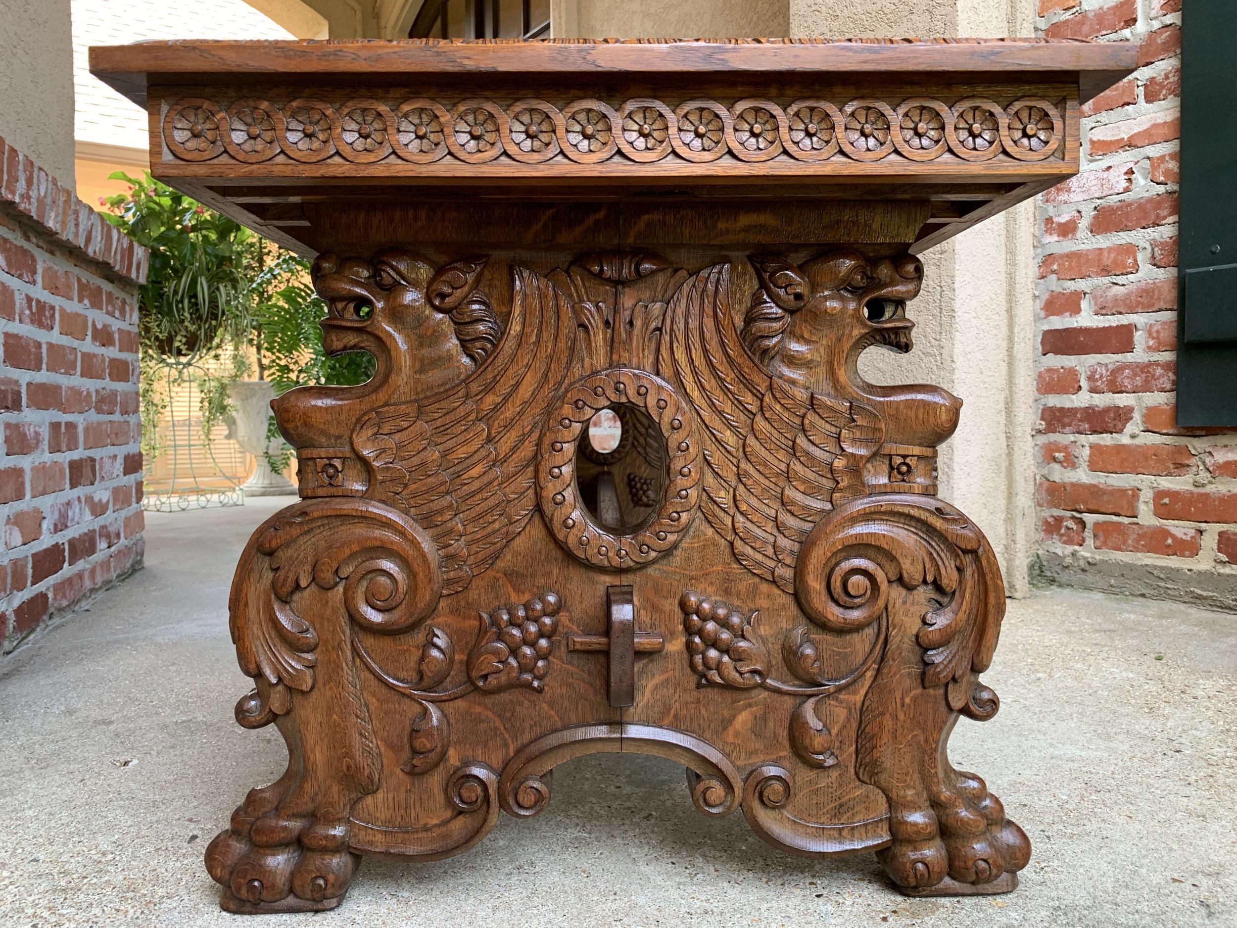 Vintage French Carved Oak Coffee Cocktail Table Renaissance Griffin Mid Century 1