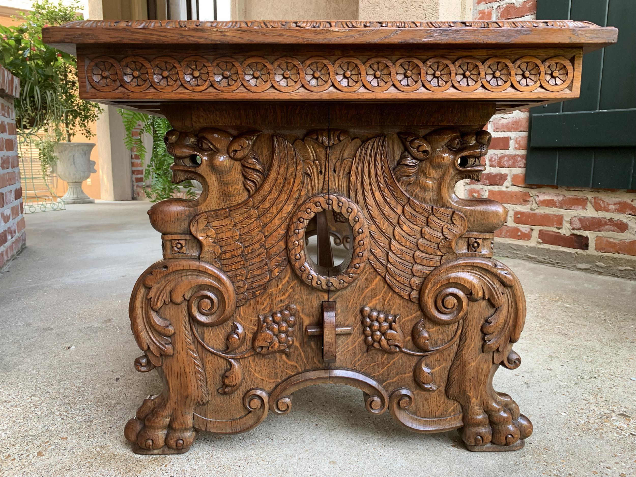 Vintage French Carved Oak Coffee Cocktail Table Renaissance Griffin Mid Century 2
